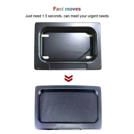 Motorcycle License Plate Roller Blind Frame For US Roads slim black remote-controlled frame showing open and closed positions