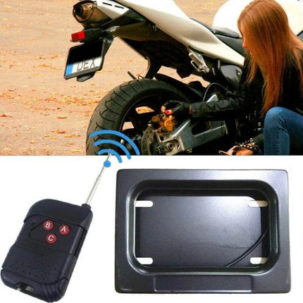 Motorcycle License Plate Roller Blind Frame For US Roads slim remote-controlled frame showing controller and mounted frame on sport motorcycle