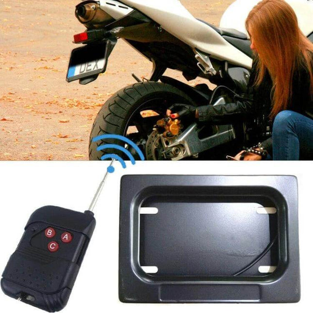 Motorcycle License Plate Roller Blind Frame For US Roads slim remote-controlled frame showing controller and mounted frame on sport motorcycle