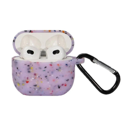 Protective Silicone Case for Daily AirPods Pro Protection in speckled purple with carabiner attached to secure earbuds