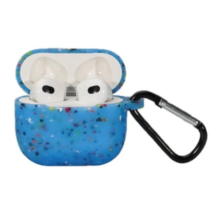 Protective Silicone Case for Daily AirPods Pro Protection in blue speckled design with carabiner attached