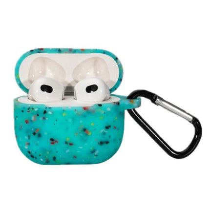 Protective Silicone Case for Daily AirPods Pro Protection - teal speckled case with carabiner attached