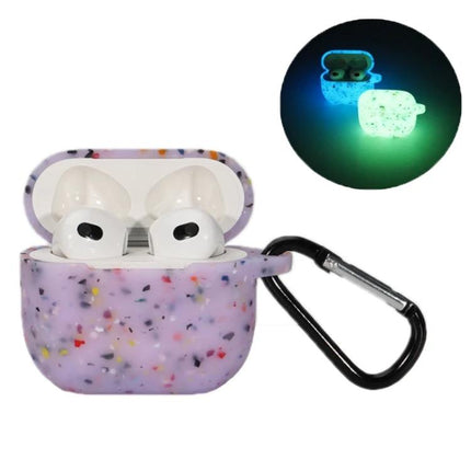 Protective Silicone Case for Daily AirPods Pro Protection - speckled purple glow-in-the-dark case with carabiner securing earbuds