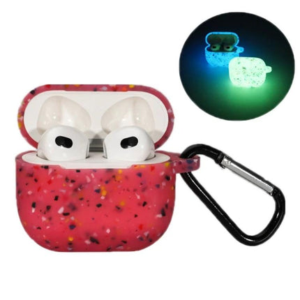Protective Silicone Case for Daily AirPods Pro Protection - pink speckled glow-in-the-dark case with carabiner attached