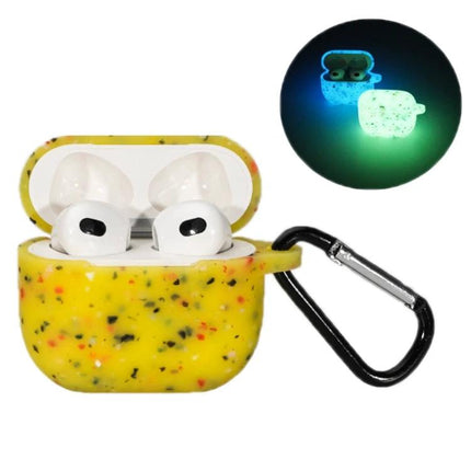 Protective Silicone Case for Daily AirPods Pro Protection with yellow speckled glow-in-the-dark design and carabiner