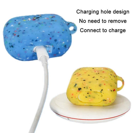 Protective Silicone Case for Daily AirPods Pro Protection - speckled blue and yellow silicone cases with carabiner, charging hole and wireless charging compatible
