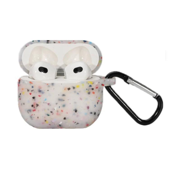 Keep Your AirPods Secure with a Silicone Case for Daily Use - white speckled silicone case with carabiner attached