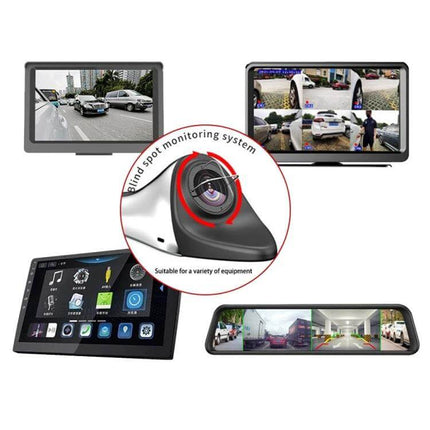 Auxiliary Camera for Car Right Blind Spot Safety Assistance showing wide-angle lens and monitor views for lane changes and reversing