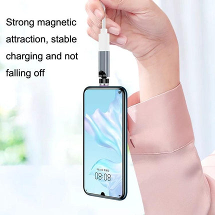 Versatile Magnetic Cable for Everyday Device Charging and Transfer shown magnetically charging a hanging smartphone with 7-pin rotary adapter