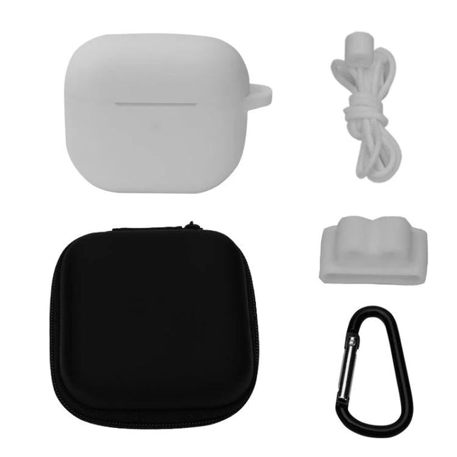 Silicone Covers for AirPods 3 Protection in Daily Outings - white silicone case with carabiner, cable, earbud holder and zip pouch