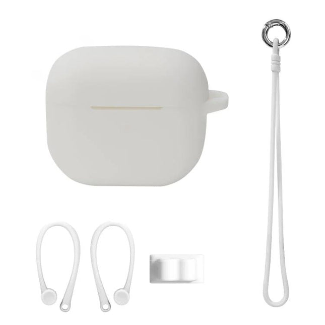 Protect your AirPods with silicone cover for daily outings — white silicone AirPods 3 case with strap and ear hooks