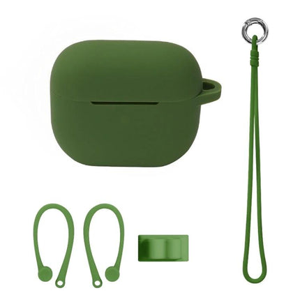 Alt Tag: Protect your AirPods with silicone cover for daily outings — green skin‑friendly case with strap and ear hooks
