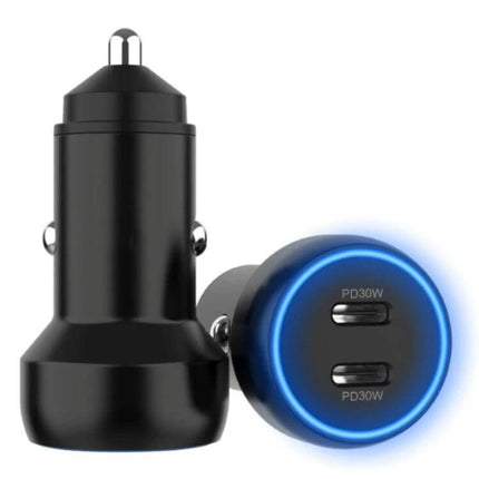Aluminum Alloy Dual Interface Car Charger For On The Go - black compact 60W dual USB‑C car charger with blue LED ring, two PD30W ports for simultaneous device charging