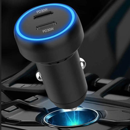 Aluminum Alloy Dual Interface Car Charger For On The Go - compact black 60W dual PD30W ports with blue LED ring in car socket