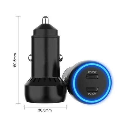 Aluminum Alloy Dual Interface Car Charger For On The Go compact 60W dual-port car charger with LED ring and PD30W ports