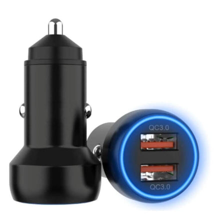 Aluminum Alloy Dual Interface Car Charger For On The Go - compact 60W dual-port QC3.0 aluminum alloy car charger with blue LED ring