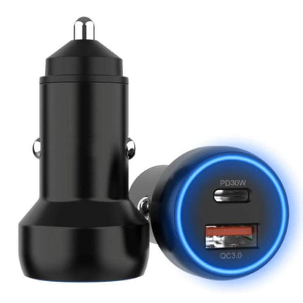 Aluminum Alloy Dual Interface Car Charger For On The Go - compact 60W dual-port car charger with USB-C PD30W and QC3.0 USB port, aluminum alloy build