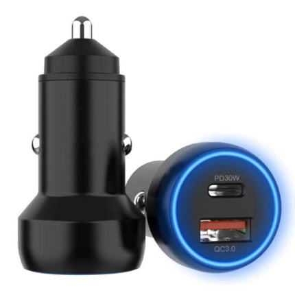 Aluminum Alloy Dual Interface Car Charger For On The Go – compact 60W dual-port car charger with PD30W USB-C and QC3.0 USB-A, blue LED ring