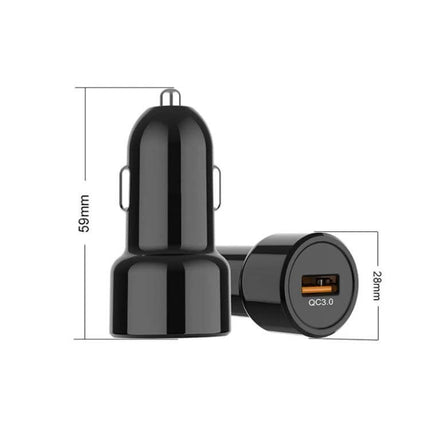 Universal Fireproof Car Phone Charger For Everyday Use - compact black QC3.0 car charger with PC fireproof shell, 59mm x 28mm