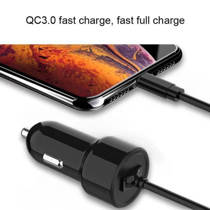 Universal Fireproof Car Phone Charger For Everyday Use - black QC3.0 car charger plugged into smartphone with tidy cable