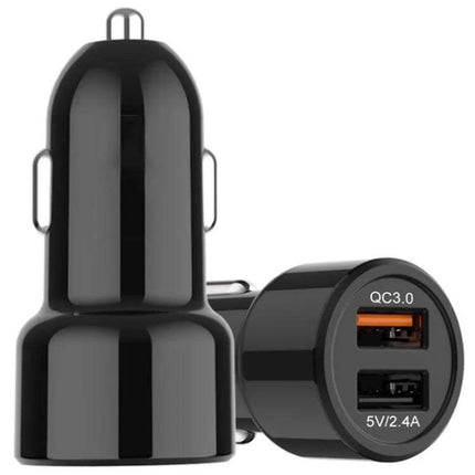 Universal Fireproof Car Phone Charger For Everyday Use - black dual USB QC3.0 car charger with PC fireproof shell, compact design for commuting and road trips