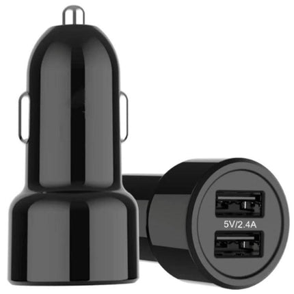 Universal Fireproof Car Phone Charger For Everyday Use - black dual USB car charger with flame‑retardant PC shell, 5V/2.4A ports for safe daily commuting