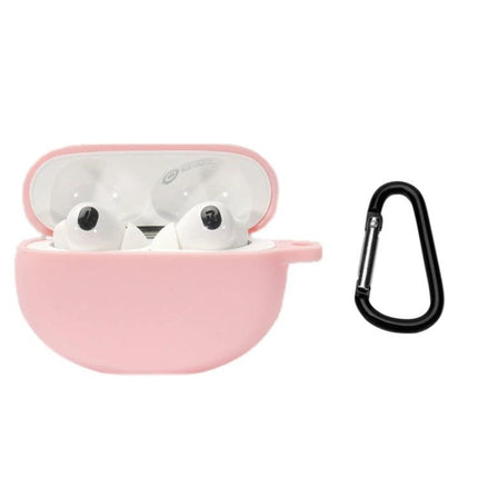 Protective Silicone Cover for OPPO Enco X2 During Daily Activities in soft pink with carabiner, compact skin-friendly protection for earbuds