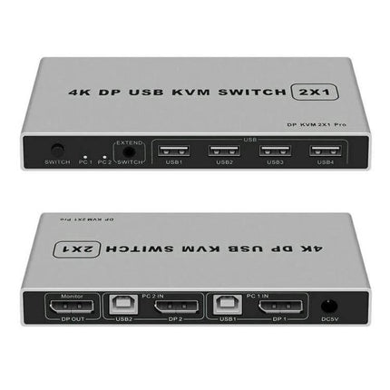 KVM Switch for Sharing Keyboard and Display Between Computers compact 2x1 DP USB KVM switch showing front and back ports