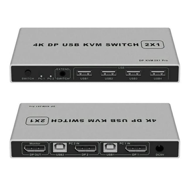KVM Switch for Sharing Keyboard and Display Between Computers compact 2x1 DP USB KVM switch showing front and back ports
