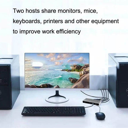 KVM Switch for Sharing Keyboard and Display Between Computers with monitor, keyboard, mouse and two desktop hosts on desk