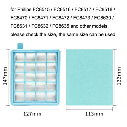 Philips Vacuum Cleaner Replacement Filters for Dust Protection - blue HEPA and foam set compatible with FC8515 FC8516 FC8517 FC8518 FC8470 series (127x147mm, 113x133mm)