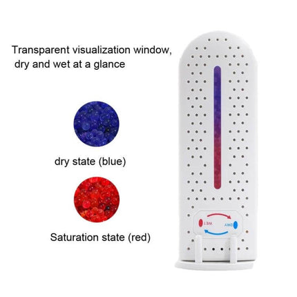 Mini Electric Dehumidifier For Home Closet Keeps Clothes Dry with transparent visualization window showing blue dry and red saturation states