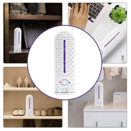 Mini Electric Dehumidifier For Home Closet Keeps Clothes Dry compact ceramic PTC dehumidifier in wardrobe, shoe cabinet, and on shelf