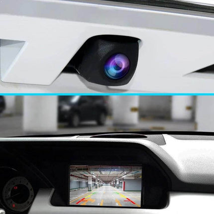 HD Night Vision Backup Camera for Safe Vehicle Reversing showing camera lens and clear parking monitor view for night and low-light reversing