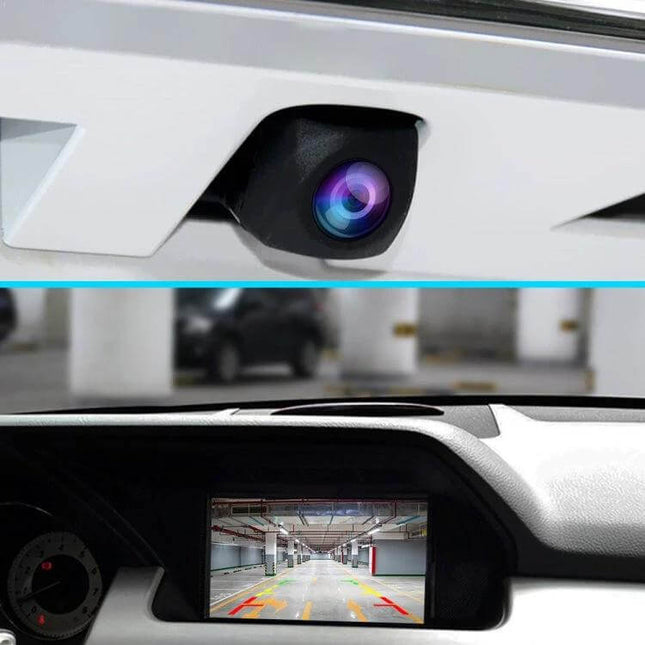 HD Night Vision Backup Camera for Safe Vehicle Reversing showing camera lens and clear parking monitor view for night and low-light reversing