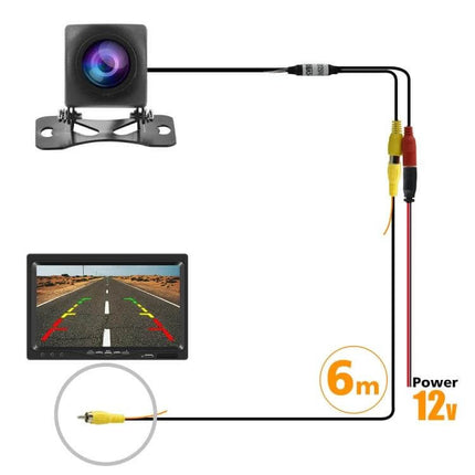 HD Night Vision Backup Camera for Safe Vehicle Reversing showing camera, 6m cable and monitor with parking guide