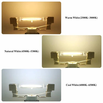 Versatile Glass LED Lamp for Everyday Home Lighting Needs showing R7S glass bulb in warm, natural, and cool white color temperatures (2500K–6500K)