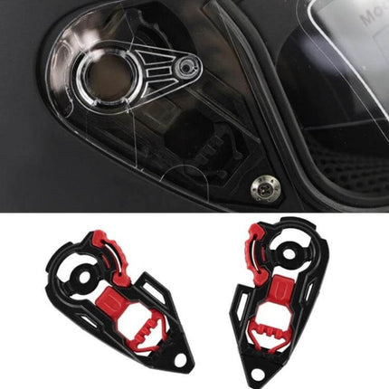 Helmet Lens Base Set for Motorcycle Visor Replacement Kit showing black plastic visor base parts with red latch components