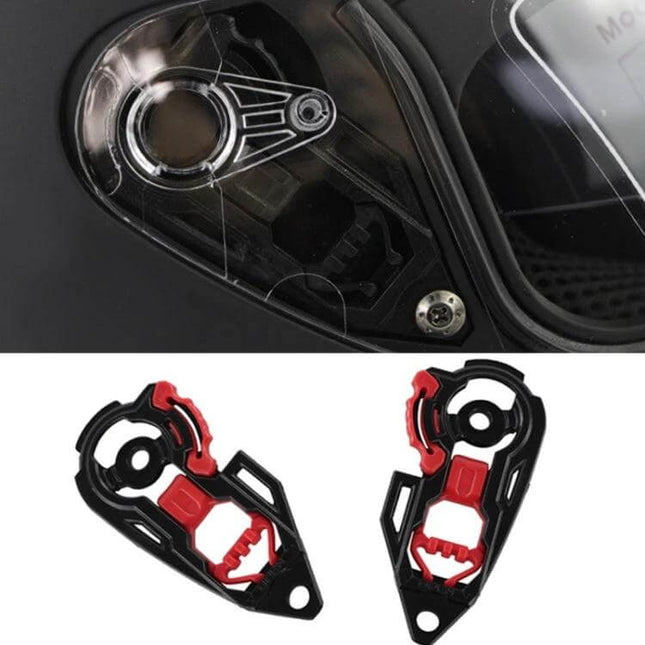 Helmet Lens Base Set for Motorcycle Visor Replacement Kit showing black plastic visor base parts with red latch components