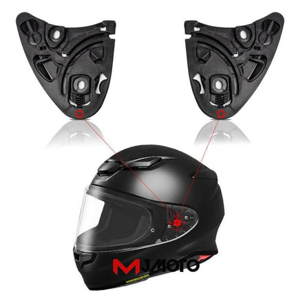 Helmet Lens Base Set for Motorcycle Visor Replacement Kit showing pair of black visor base plates and installed on matte black full-face helmet