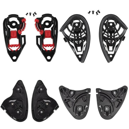Helmet Lens Base Set for Motorcycle Visor Replacement Kit shown as black and red durable plastic visor base pieces and screws