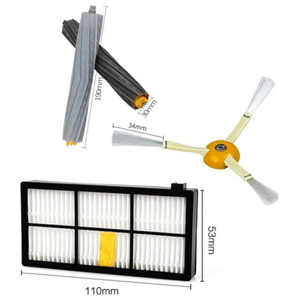 iRobot Roomba 800 Series Replacement Brushes and Parts - replacement main brush, side brush, HEPA filter set for Roomba 800 series (dimensions shown)