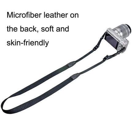 Black Denim Shoulder Strap for Cameras and Telescopes with microfiber leather backing, adjustable black denim camera strap shown attached to mirrorless camera