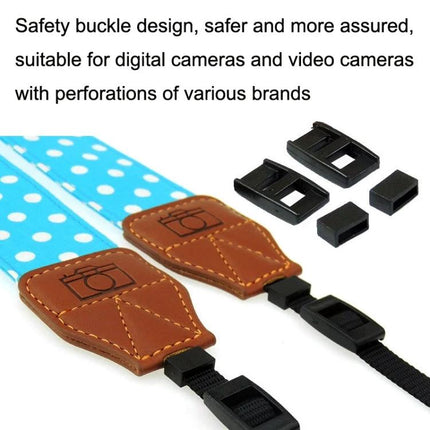 Retro Style Camera Shoulder Strap for Everyday Use: blue polka dot strap with brown faux-leather ends and safety buckle, cotton and fabric construction