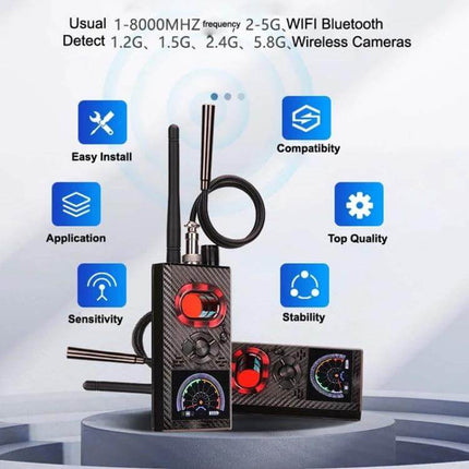 Wireless Camera and Signal Detector for Privacy Protection - portable wireless signal detector with antennas, dials, and display for scanning hidden cameras in hotels, cars, rooms