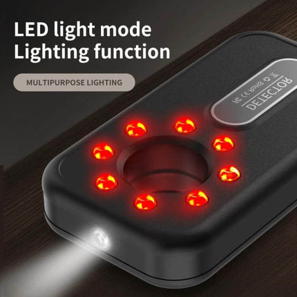 K96 Portable Infrared Detector for Hidden Cameras in Hotels showing red IR LEDs and flashlight for scanning lenses