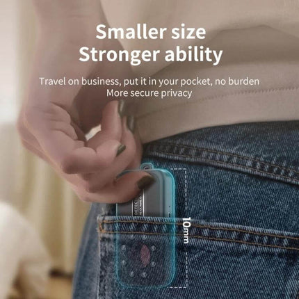 K96 Portable Infrared Detector for Hidden Cameras in Hotels compact pocket-sized device shown being placed in jeans pocket for travel privacy checks