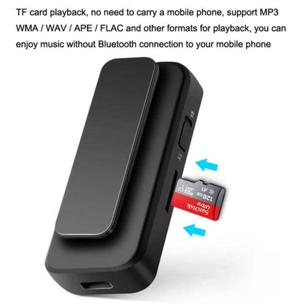 T40 2-In-1 Bluetooth Receiver and Transmitter for Car Aux NFC showing clip-on device with TF card slot and 128GB microSD card