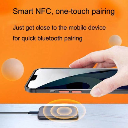 T40 2-In-1 Bluetooth Receiver and Transmitter for Car Aux NFC showing NFC one-touch pairing with phone over compact clip-on receiver