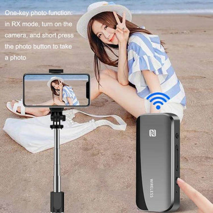 T40 2-In-1 Bluetooth Receiver and Transmitter for Car Aux NFC clip-on device showing RX mode one-key photo function at beach